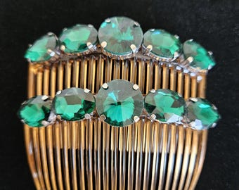 Handmade Elegance - Large Green Gemstone Brown Hair Combs - Set of 2