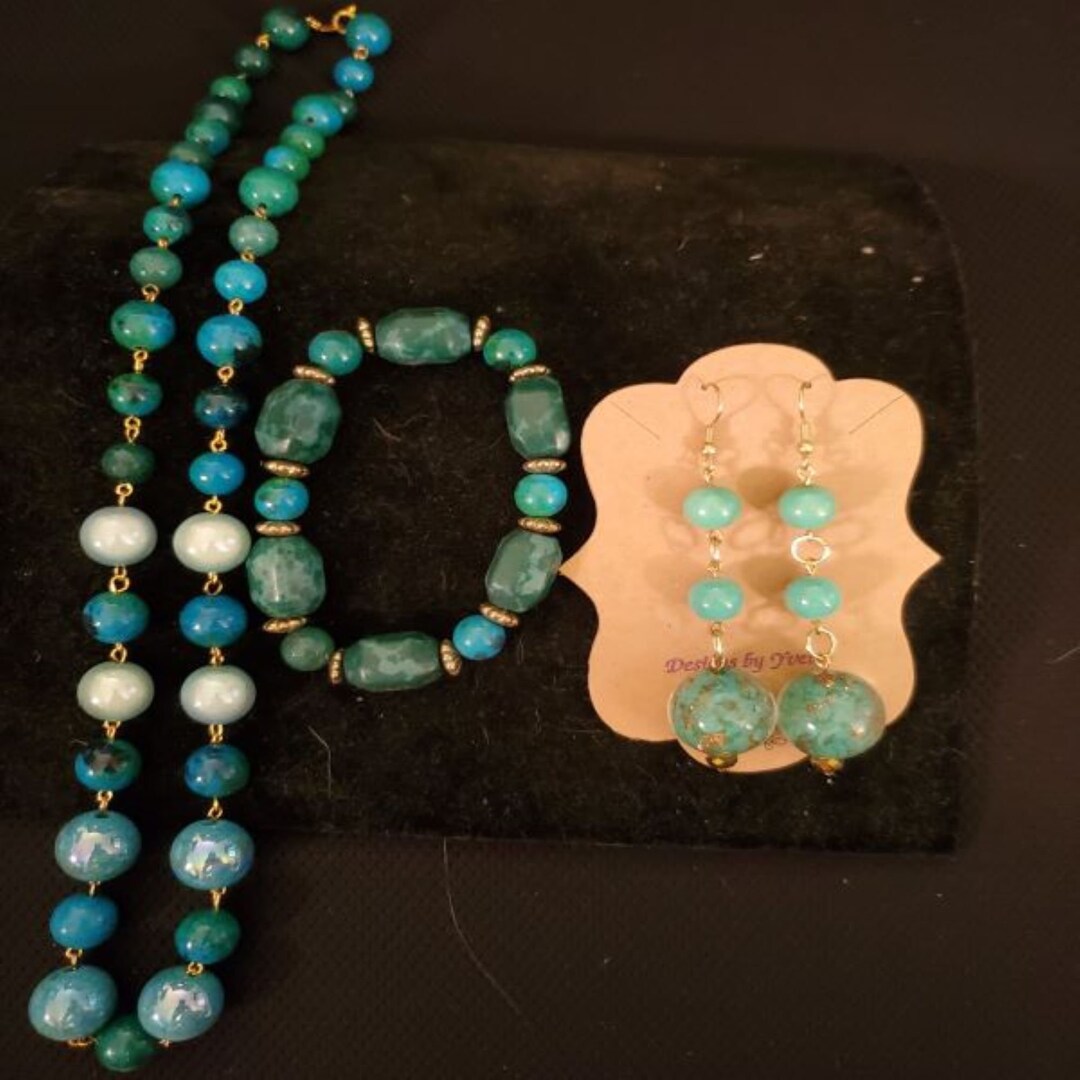 Greenish Blue Glass Bead Necklace Bracelet and Earring Set Etsy