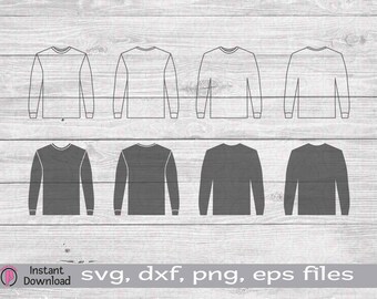 Long Sleeve T-shirt svg, Tee Vector, Unisex Tee Clip art, Long Sleeve T-shirt Outline, Tee png eps dxf svg, Silhouette Tee, solid Tee