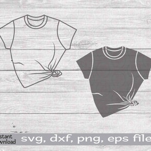 May include: Two outline illustrations of a t-shirt with a knot on the side. The t-shirt on the left is white and the t-shirt on the right is gray. The text "svg, dxf, png, eps files" is at the bottom of the image.