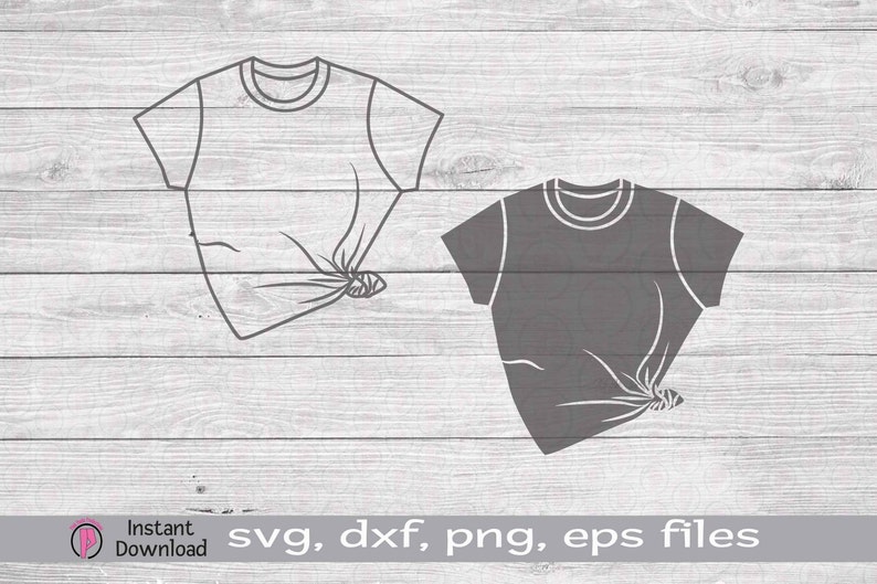 May include: Two outline illustrations of a t-shirt with a knot on the side. The t-shirt on the left is white and the t-shirt on the right is gray. The text "svg, dxf, png, eps files" is at the bottom of the image.