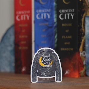 May include: A sticker featuring a black leather jacket design with the text "through Love all is possible" and a yellow crescent moon. The sticker is placed in front of several books.
