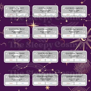 May include: A purple background with gold star constellations and text boxes. Each box says "Good Morning" followed by a zodiac sign, with the text "The stars have spoken about your day!" and "Cancel" and "Open" buttons.