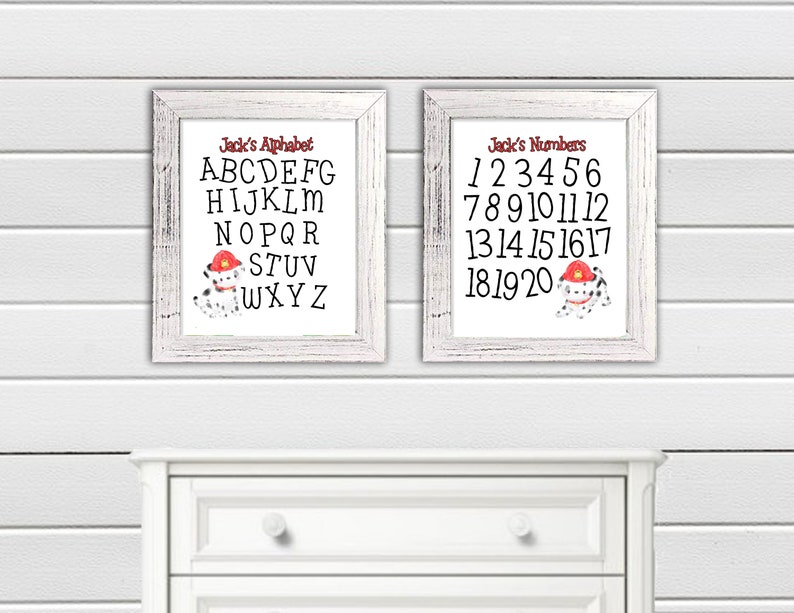 Firefighter Dalmatian Alphabet Letters And Numbers Set of 2 Educational Print