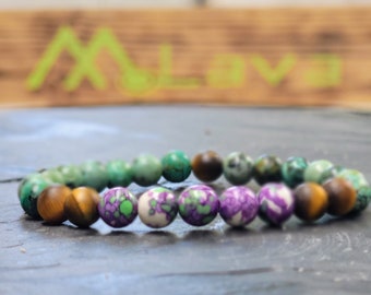 Bracelet en jade - Bracelet en pierre violette - Jade, oeil de tigre, turquoise africaine - Bracelet de perles - Bracelet en jade pour homme