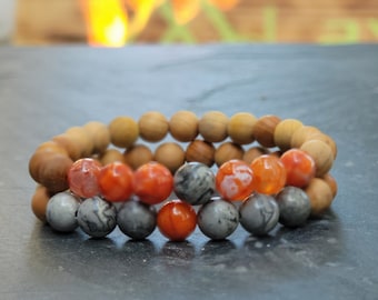 Orange Agate Bracelet - Cedar Wood Beads, Grey Jasper - Orange Beaded Bracelet