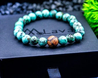 Bracelet de perles pour homme - Mode homme - Cadeau pour homme - Turquoise africaine et agate africaine - Bracelet de perles de 8 mm