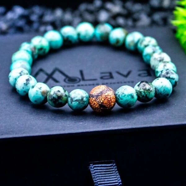 Bracelet de perles pour homme - Mode homme - Cadeau pour homme - Turquoise africaine et agate africaine - Bracelet de perles de 8 mm