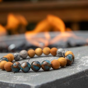 Wood Bead Bracelet for Men - Natural Bracelet, Gold and Blue Beads, 8mm