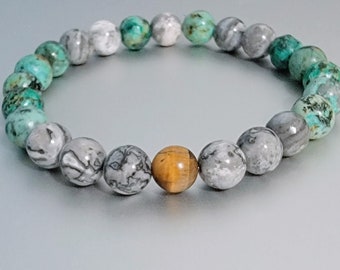 Bracelet en perles de jaspe gris - Turquoise africaine, bracelet oeil de tigre mat