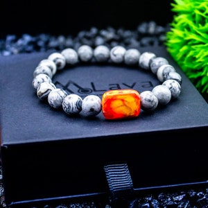 Bracelet de perles pour homme Idée cadeau pour homme Jaspe gris et agate orange carrée Bracelet de pierres précieuses 8 mm image 2