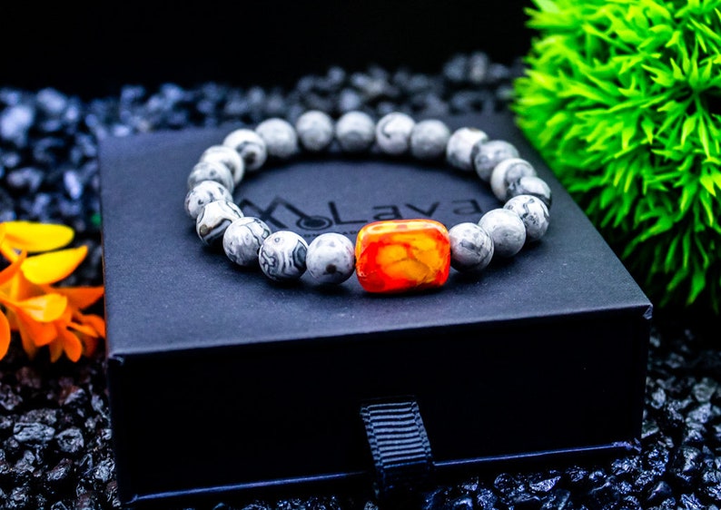 Bracelet de perles pour homme Idée cadeau pour homme Jaspe gris et agate orange carrée Bracelet de pierres précieuses 8 mm image 2