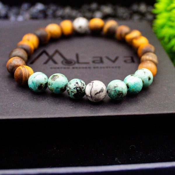 Tiger Eye Gemstone Bracelet - African Turquoise & Jasper, Mens 8mm Bracelet