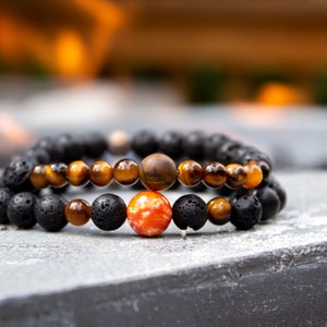 Orange and Black Stacked Bracelet Mens - Orange Agate and Tiger Eye Collection - 8mm Lava Stone Beaded Bracelet