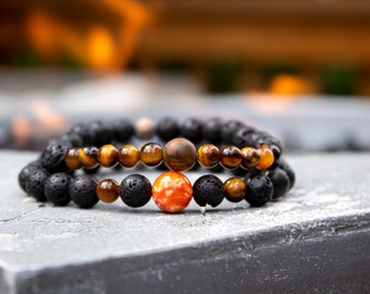 ★クール★Diesel Men's Stacked Black Lava Bead Bracelet Men's Matte Black Lava Beaded Stretch Bracelet 8mm Stack