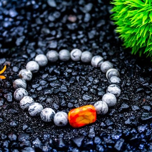 Bracelet de perles pour homme Idée cadeau pour homme Jaspe gris et agate orange carrée Bracelet de pierres précieuses 8 mm image 3