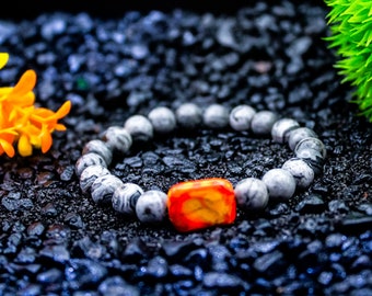 Pulsera de cuentas para hombre - Idea de regalo para hombre - Jaspe gris y ágata naranja cuadrada - Pulsera de piedras preciosas - 8 mm