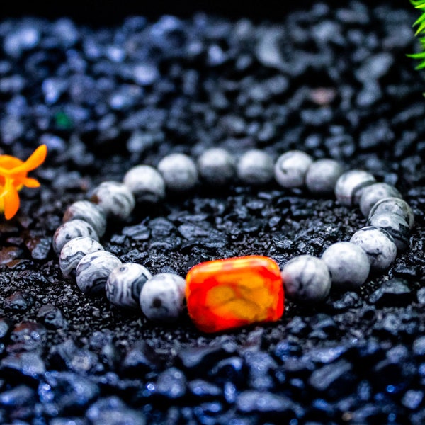 Pulsera de cuentas para hombre - Idea de regalo para hombre - Jaspe gris y ágata naranja cuadrada - Pulsera de piedras preciosas - 8 mm