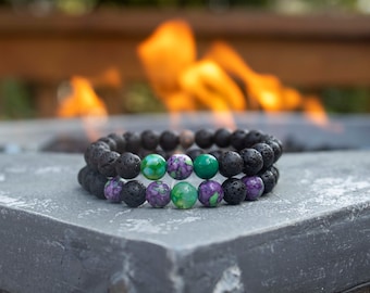 Lava Stone Bracelets - Set of 2 - Green Jade, Green Fire Agate - Bracelet Set