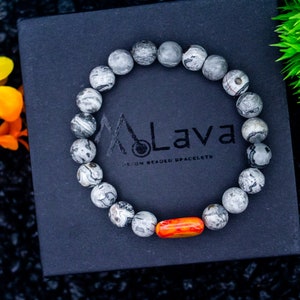 Pulsera de cuentas para hombre Idea de regalo para hombre Jaspe gris y ágata naranja cuadrada Pulsera de piedras preciosas 8 mm imagen 5