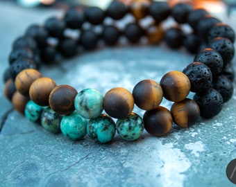 Bracelets pour homme - oeil de tigre mat, perle de lave, turquoise africaine - Signification des bracelets, style bohème