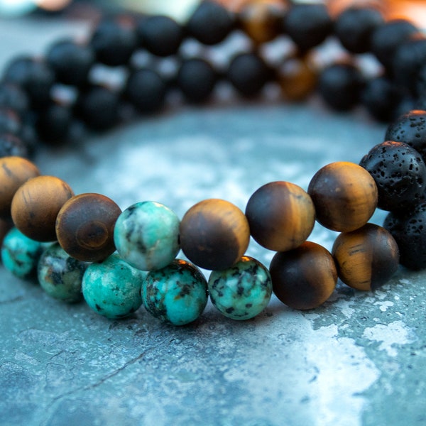 Bracelets For Men - Matte Tiger Eye, Lava Bead, African Turquoise - Meaning Bracelets,  Boho Style