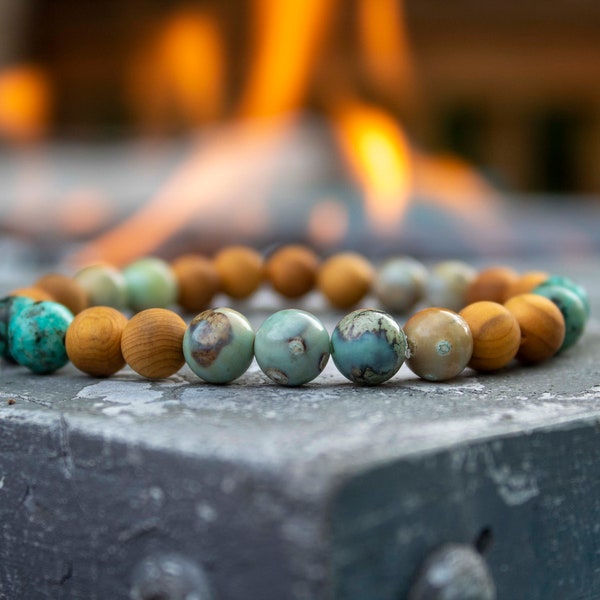 Bracelet bois de perles pour homme, bracelet bois, turquoise africaine - agate, bracelet bois de cèdre, bracelet naturel