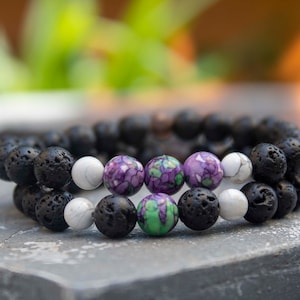 Lava Bead Bracelet Stack - Men and Women Stone Bracelet Set, Howlite, Jade