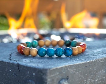 Boho Bracelet - Wood, Blue African Turquoise, Orange Fire Agate, African Turquoise - 8mm Beaded Bracelet - 1 Available - NEW Arrival
