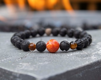Orange Agate Bracelet Mens - Tiger Eye Collection - 8mm Lava Stone Beaded Bracelet