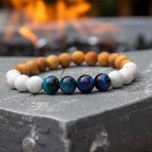 Howlite Bracelet - Purple Galaxy Tiger Eye Bracelet, Wood Beaded Bracelet - Mala Beaded Bracelet