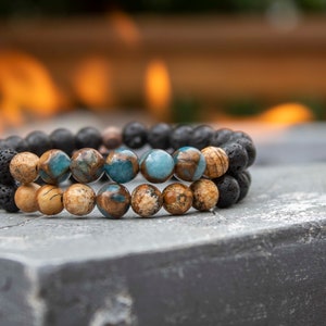 Beaded Bracelet Set For Men - Blue and Gold Beaded Bracelet, Jasper, Lava Stone Bracelet