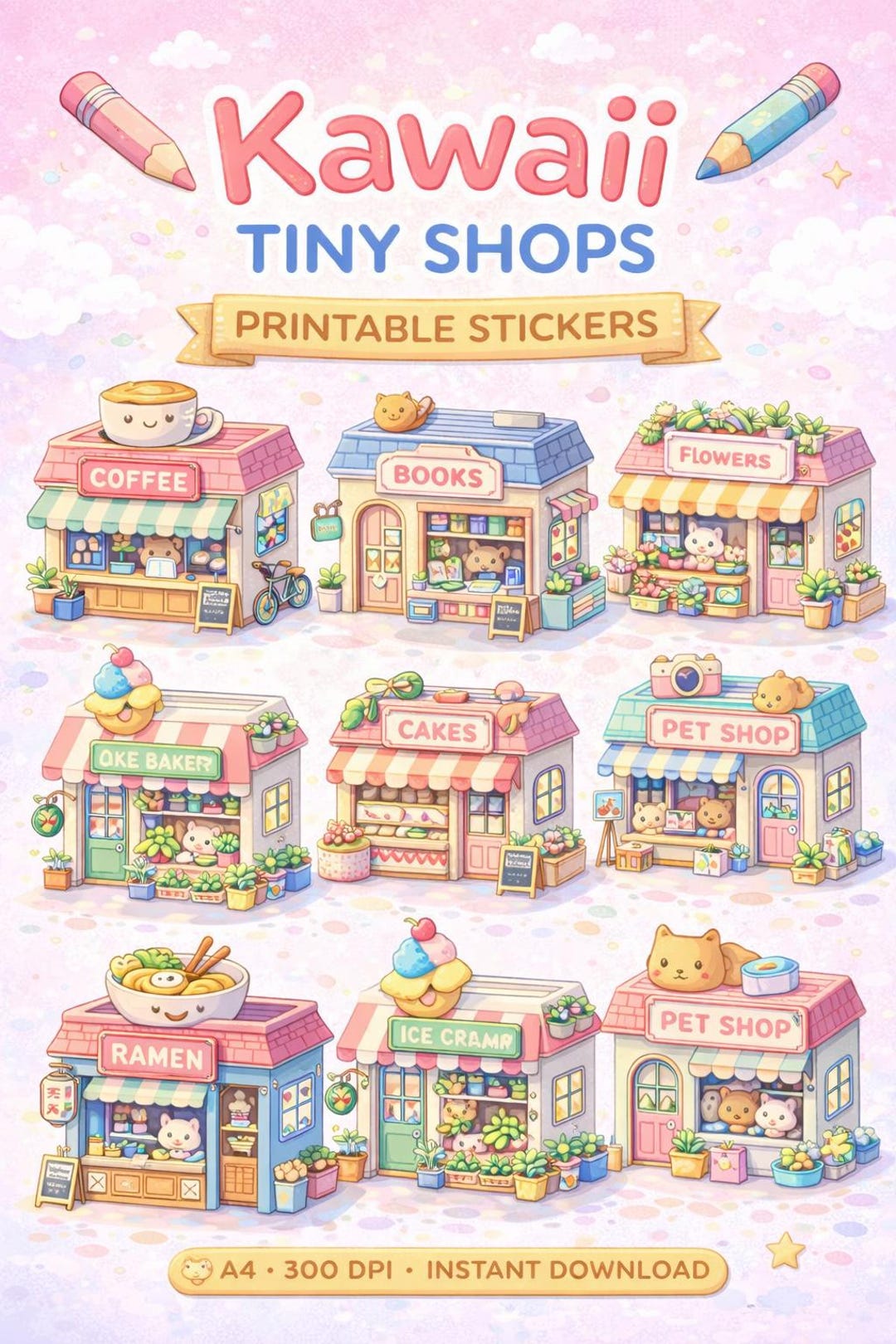 Kawaii Tiny Shops Stickers Printable | Cute Shop Sticker Set | Kawaii ...