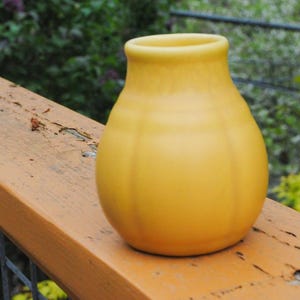 May include: A solid yellow vase with a rounded, bulbous body and a narrow, smooth rim. The vase features subtle vertical indentations along its surface, creating a soft, segmented appearance. The object has a matte finish and a uniform color.