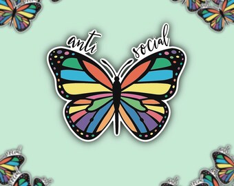Anti-Social Butterfly Sticker, Anti-Social Sticker, Introvert Sticker, Funny Sticker, Colorful Butterfly Sticker, Butterfly Humor Sticker