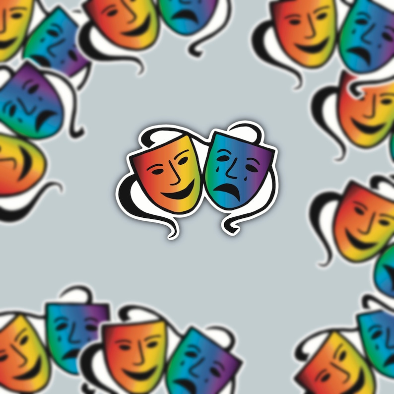 May include: A sticker featuring two theater masks, one smiling and one sad, in a rainbow gradient. The masks are surrounded by a pattern of similar masks on a gray background. The design is a symbol of comedy and tragedy.
