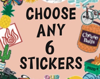Choose Any 6 Stickers Pack, Waterproof Stickers, Laptop Stickers, Sticker Bundle, Water Bottle Stickers, Vinyl Stickers