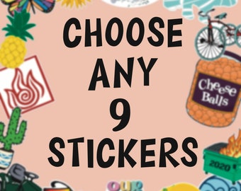 Choose Any 9 Stickers Pack, Waterproof Stickers, Laptop Stickers, Sticker Bundle, Water Bottle Stickers, Vinyl Stickers