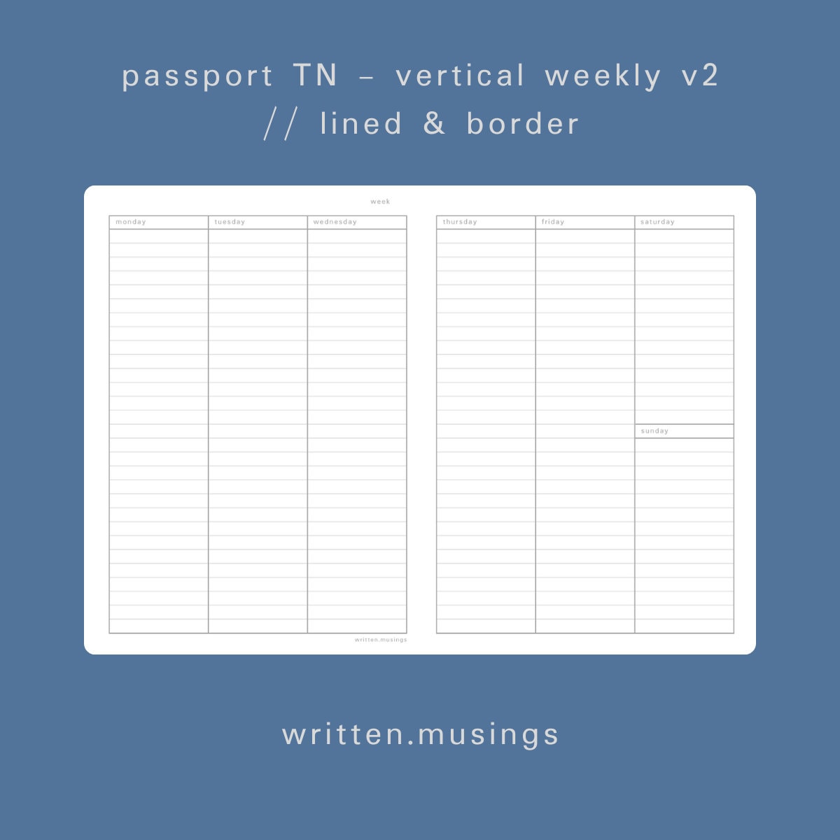 Passport TN Printable Insert - Vertical Weekly (lined and Border ...