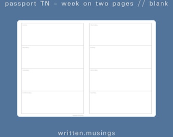 Passport TN Printable Insert - Week on Two Pages (Blank) // Traveler's Notebook, TN Inserts, Minimal, Aesthetic, Digital Download