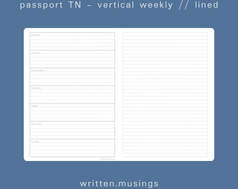 Passport TN Printable Insert - Hobo Weekly (Lined) // Traveler's Notebook, TN Inserts, Minimal, Aesthetic, Digital Download