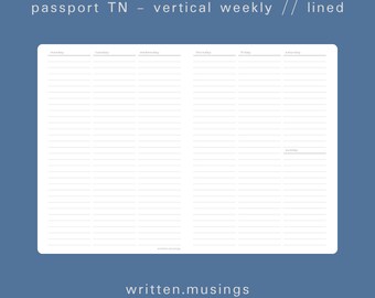 Passport TN Printable Insert - Vertical Weekly (Lined) // Traveler's Notebook, TN Inserts, Minimal, Aesthetic, Digital Download