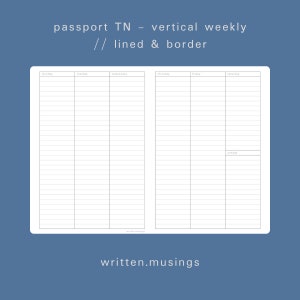 Inserto imprimible Passport TN - Semanal vertical (forrado y borde) // Cuaderno de viajero, Inserciones TN, Mínimo, Estético, Descarga digital