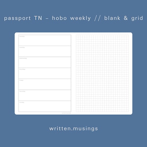 Inserto imprimible Passport TN - Hobo Weekly (Blank & Grid) // Cuaderno de viajero, Insertos TN, Mínimo, Estético, Descarga digital
