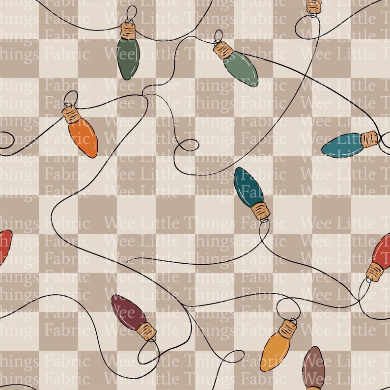 May include: A seamless pattern featuring a string of colorful Christmas lights on a brown and white checkered background. The lights are in various shades of red, orange, yellow, green, and blue.