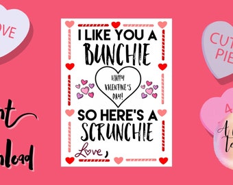 Scrunchie Valentine Printable/ I like You a Bunchie Gift Tag/Classroom School Teacher Staff / Instant Download