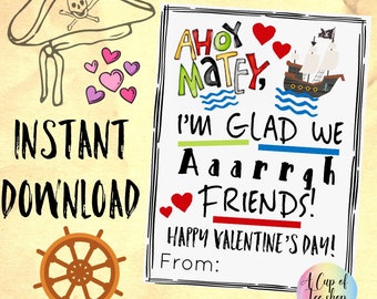 Pirate Themed Valentine&#39;s Day Printable / Valentine Card Printable/ Instant Download Valentine/ Printable Pirate Valentines/ Ahoy Matey