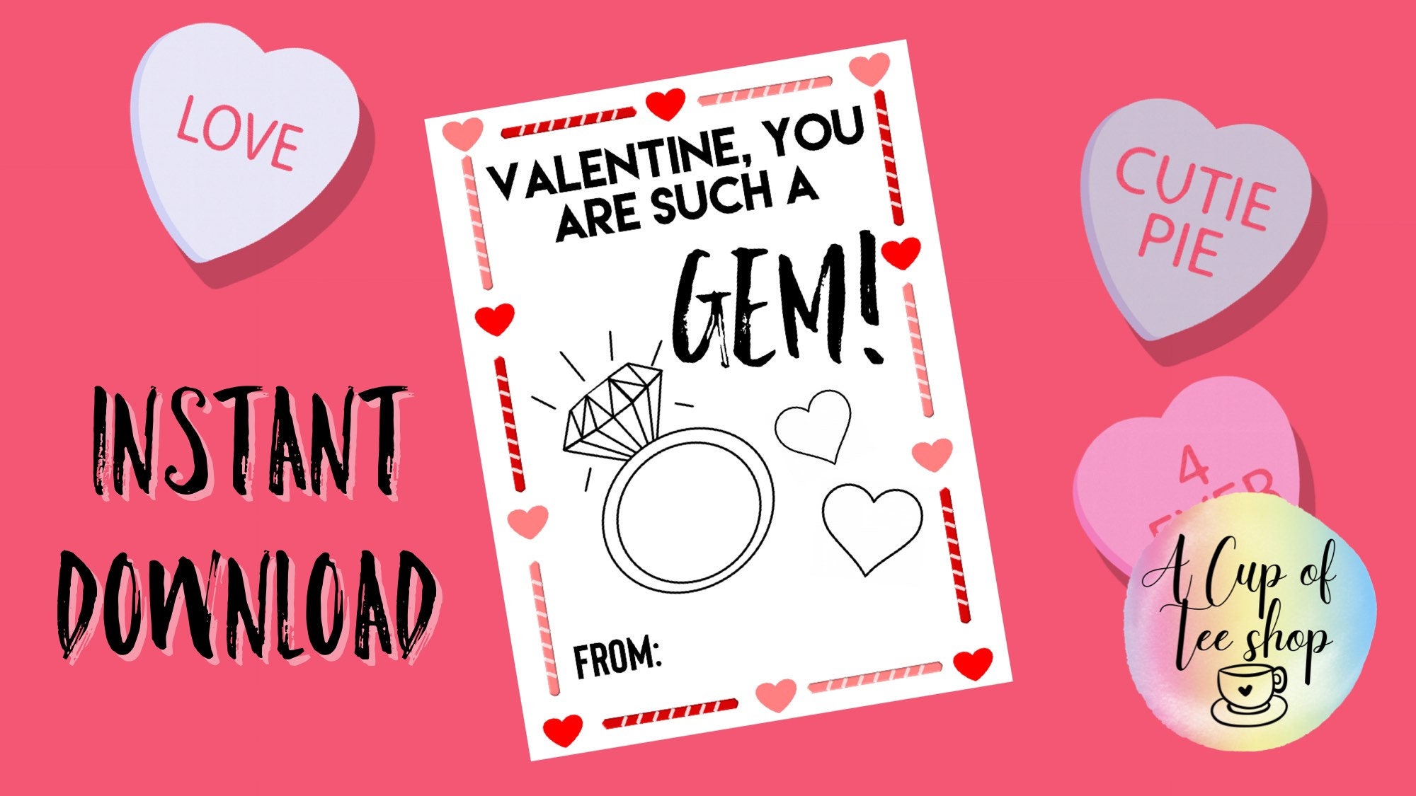 Ring Pop Printable Valentine/ You're Such a Gem/ Class Valentine/ Kid Valentines/ Ring Valentine