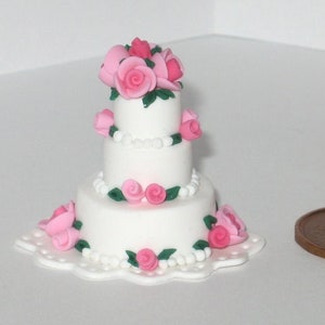 Miniature Dollhouse Pink Rose Wedding Cake 1:12 scale Collectible