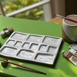 Handmade 12-Pan Ceramic Watercolor Palette Set: Includes  Artist Mixing Palette, Brush Rest, Small Mixing Dish